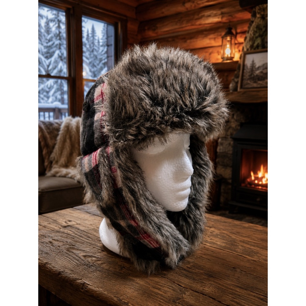 Mad Bomber Plaid Wool Blend Trapper Aviator Hat Faux Fur M Cabin Winter Apres